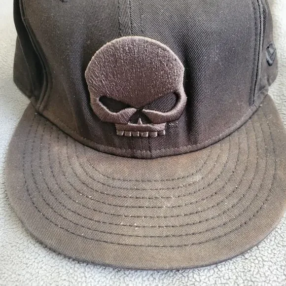 HARLEY DAVIDSON Hat Cap New Era Fitted Brown Distressed Skull Embroidered Fair - Picture 7 of 13